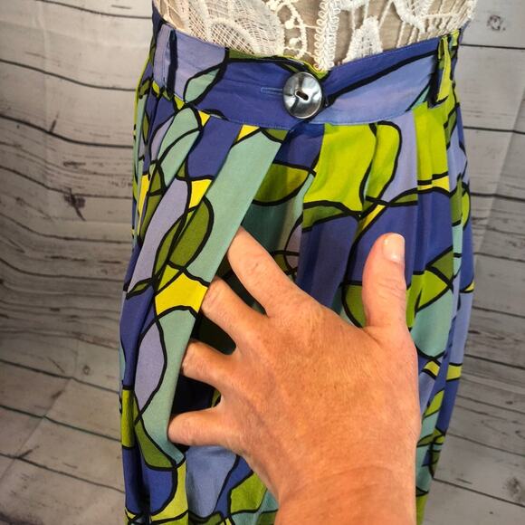Vintage K•I•K•I•T Maurice Sasson Silk Abstract Print Skirt yellow & blue size 10 - Picture 2 of 12